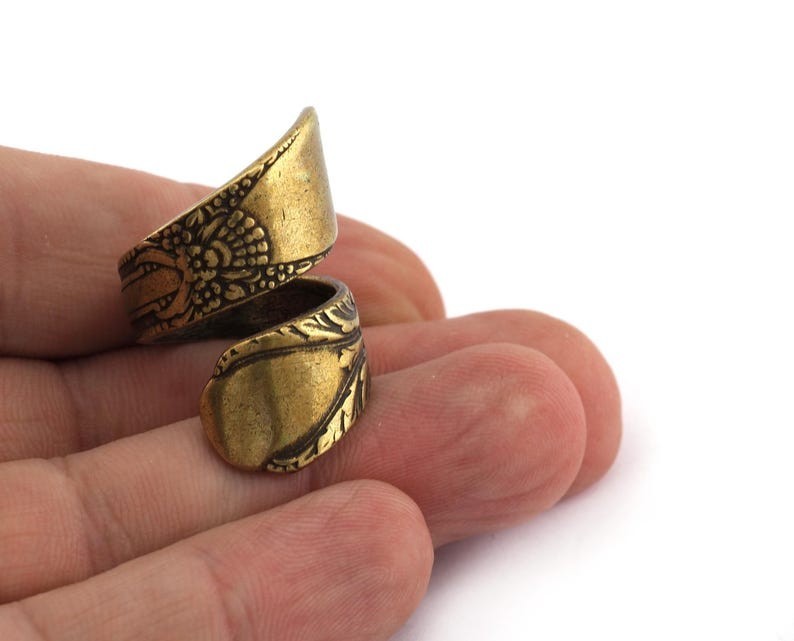 Spoon Ring Wrap Flower Patterned Adjustable Antique Bronze Plated Brass 4072