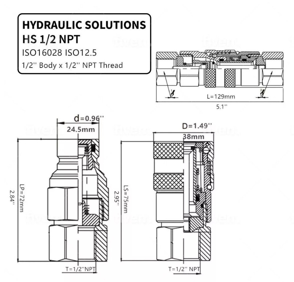 Flat Face Hydraulic Quick Connect Coupler Set, 1/2″ NPT Thread