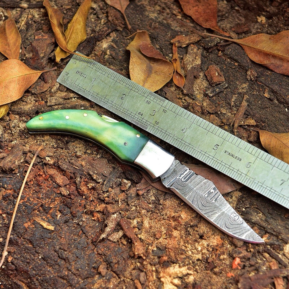 Real Damascus Steel Foldable Blade Pocket Knife Original Camel Bone Handle