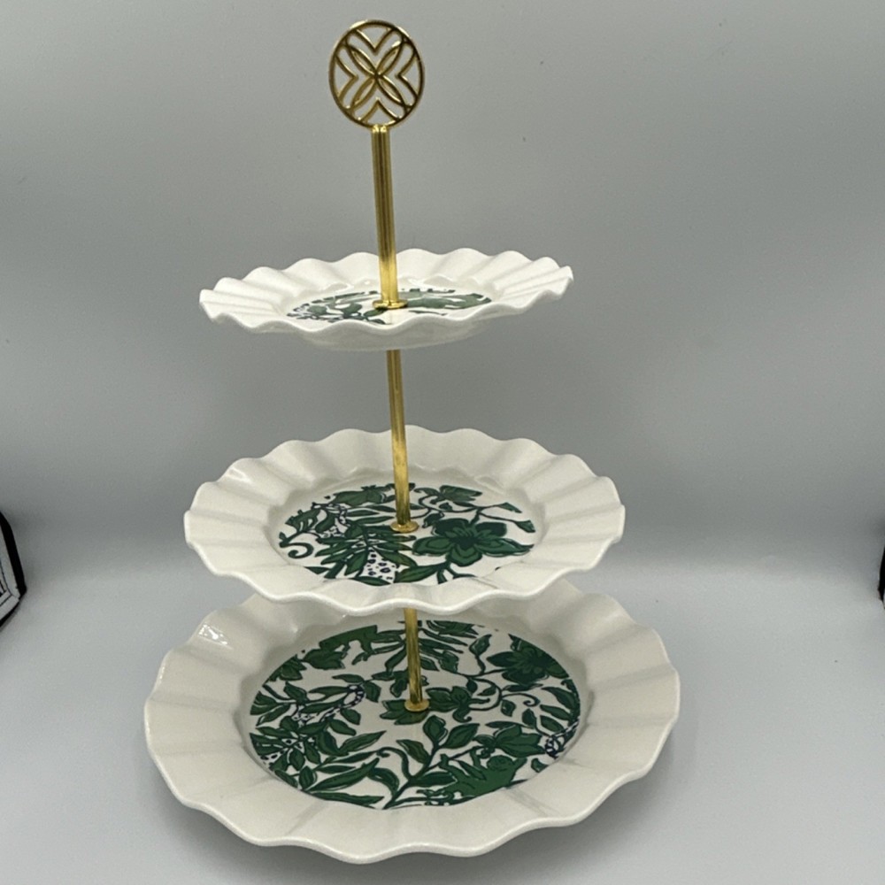 Lilly Pulitzer Three-Tier Ceramic Cake Stand, Green Pattern, Gold Handle, Round