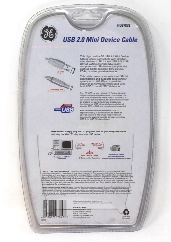 GE USB 2.0 Mini Device Cable 6FT. A Plug - Mini-B Plug