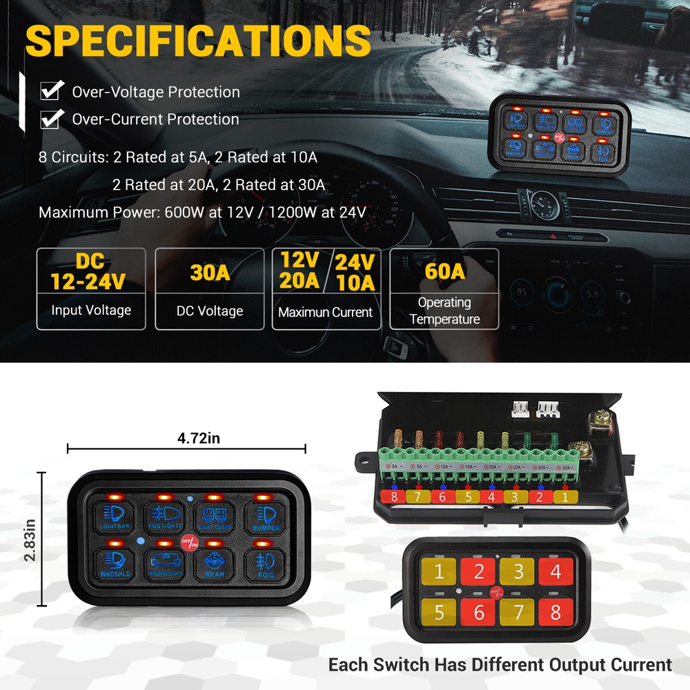Universal UTV 8 Gang 1200W LED Work Light Relay Control Switch Panel Toggle Blue