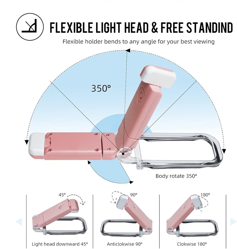 2-Pack USB Rechargeable Clip-On Book Light Pink 3 Brightness Dimmable