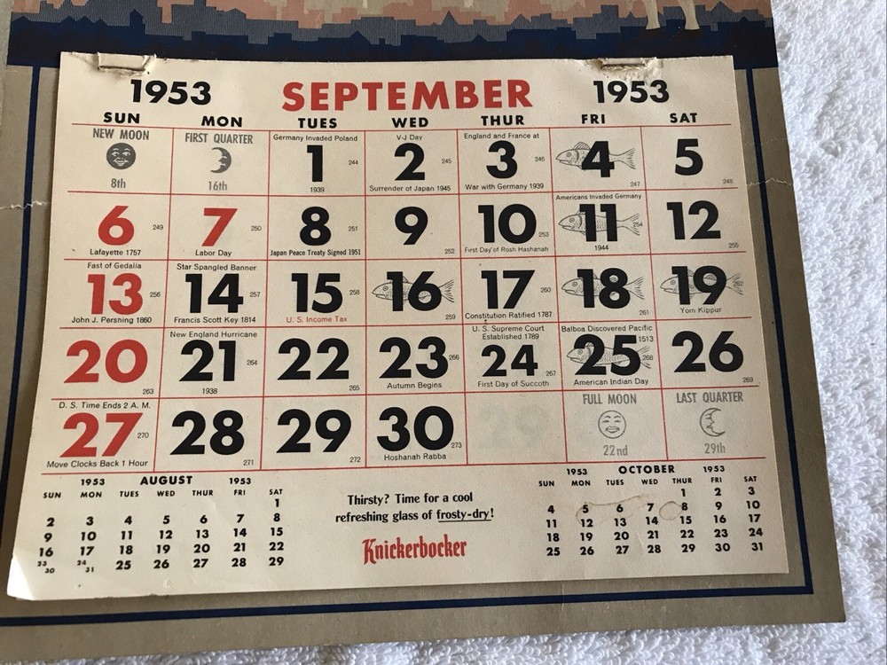 1953 KNICKERBOCKER BEER VINTAGE PARTIAL CALENDAR