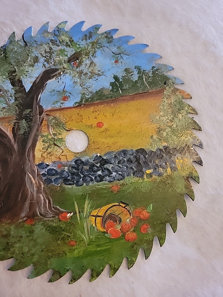 Hand Painted Circular Saw Blade Tree Apple Scene