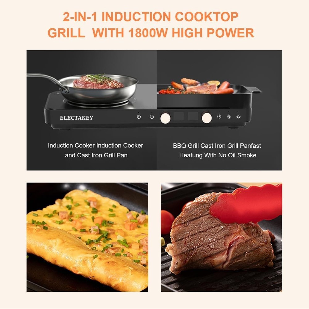 ELECTAKEY Induction Cooktop TWO Burner with Removable Cast Iron Griddle Pan Non