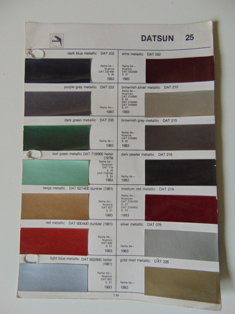 Original Glasurit Datsun Paint Chips Sheet - 1983