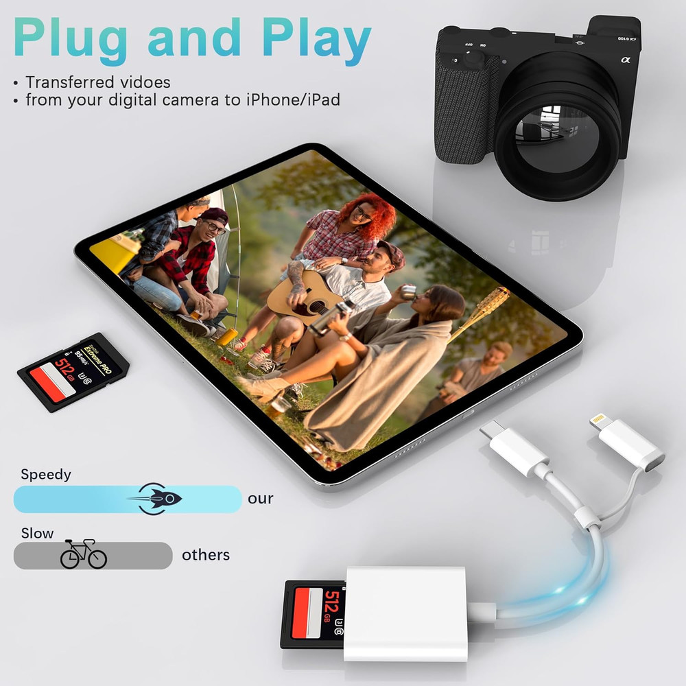 SD Card Reader for iPhone iPad, Dual USB-C Lightning Connector Memory SD Car...