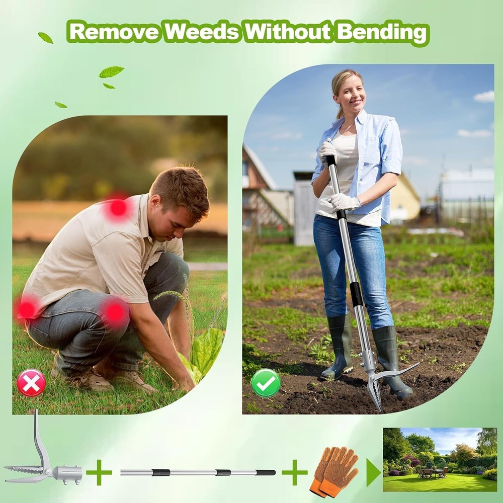 Weed Puller Tool with Gloves, Long Handle Stand Up Weed Tool, Heavy Duty Weeder