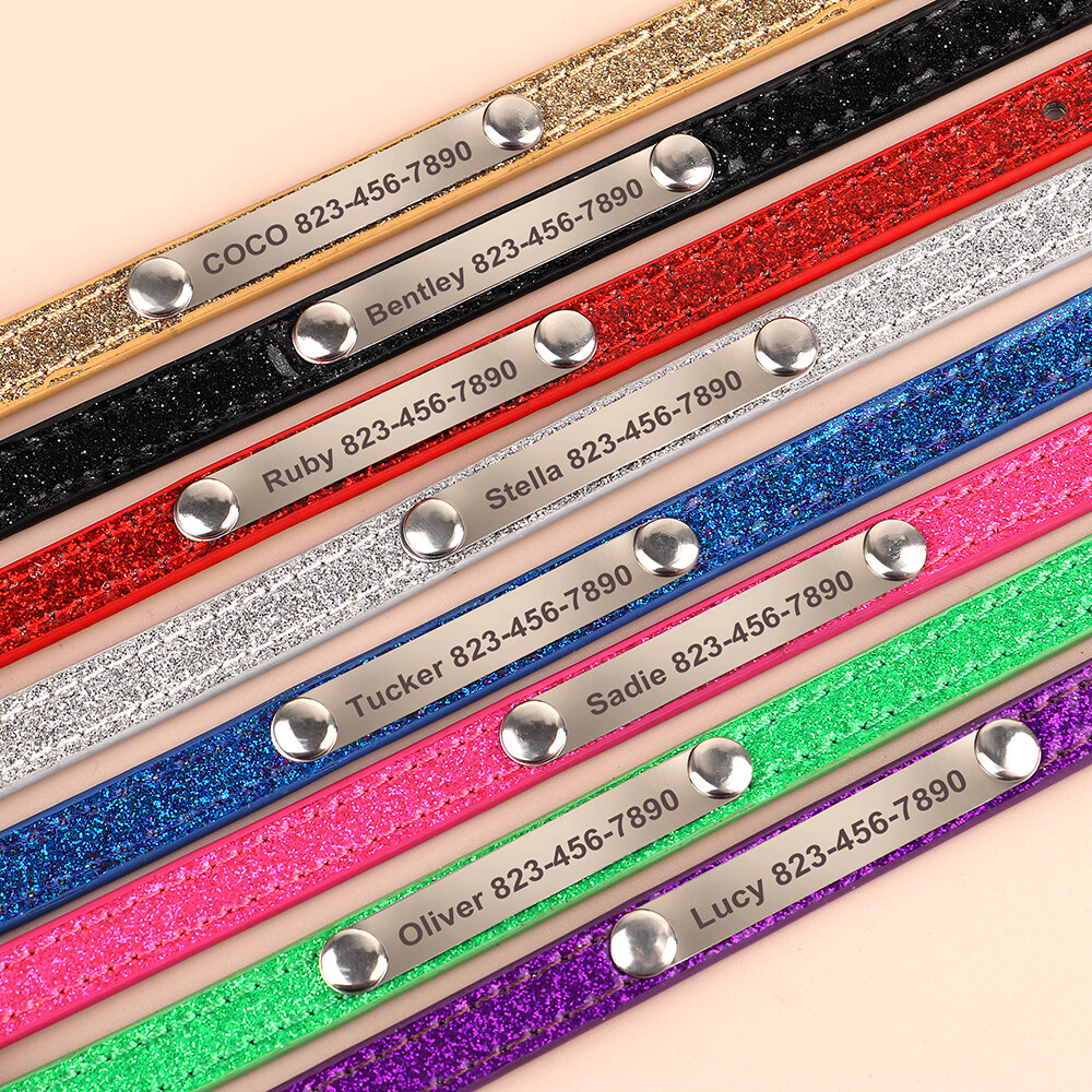 Personalized Dog Collar Bling Sequins PU Leather Engraved Name ID Tag Cat Kitten