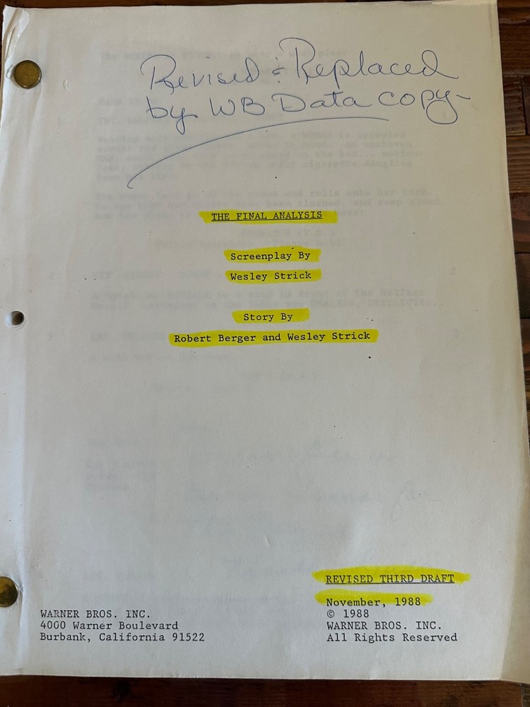 THE FINAL ANALYSIS UMA THURMAN RICHARD GERE MOVIE ORIGINAL SCREENPLAY SCRIPT
