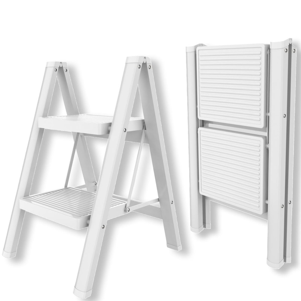 2 Step Folding Ladder Aluminum | White Standing Ladders Foldable - Two Step L...