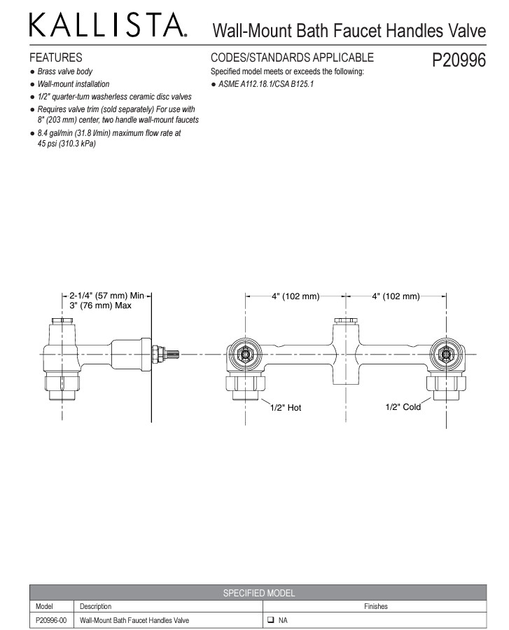 Kallista Wall Mount Bath Faucet Handles Valve