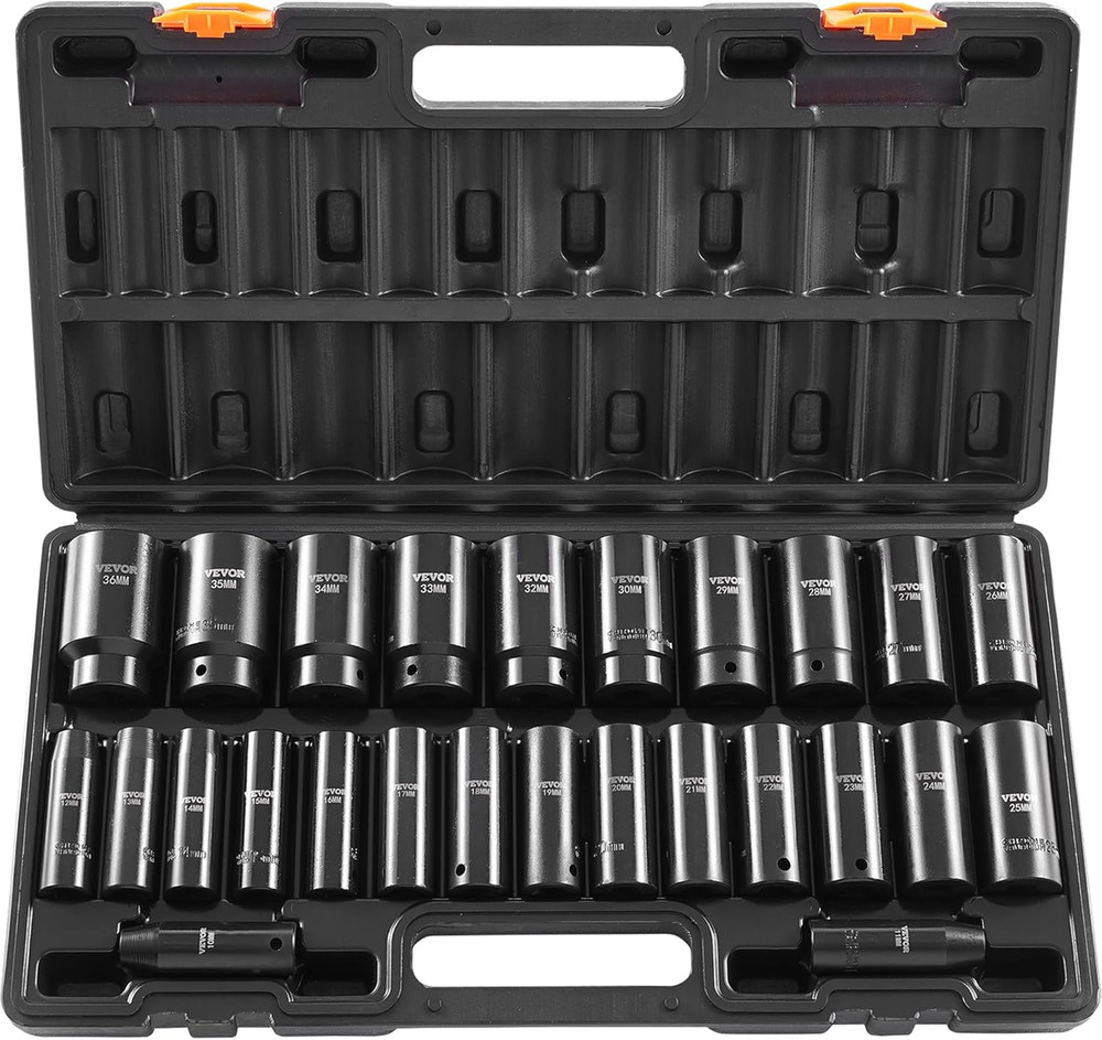 Impact Socket Set 1/2 Inches 26 Piece Deep Sockets, 6-Point, Rugged Construction