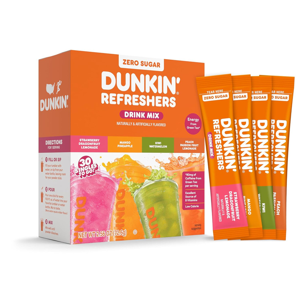Dunkin’ Zero Sugar Refreshers Powdered Drink Mix Packets, 30 Ct Variety Pack, 3