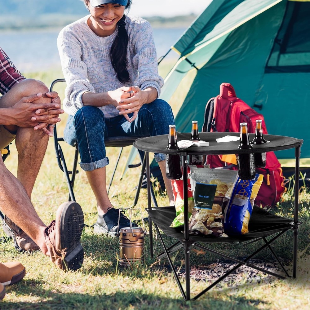 Compact 2-Tier Folding Table with Cupholders for Camping & Picnics - Black