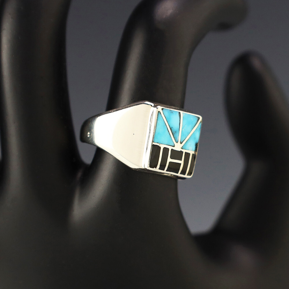 NATIVE AMERICAN ZUNI JET & TURQUOISE RING BY NANCY & SHELDON WESTIKA