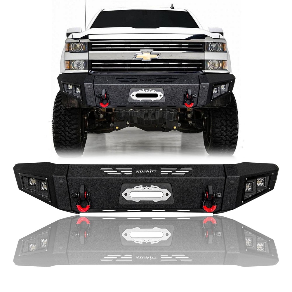 Front Bumper Winch Plate Square Lights for 15-19 Chevy Silverado 2500/3500 Black