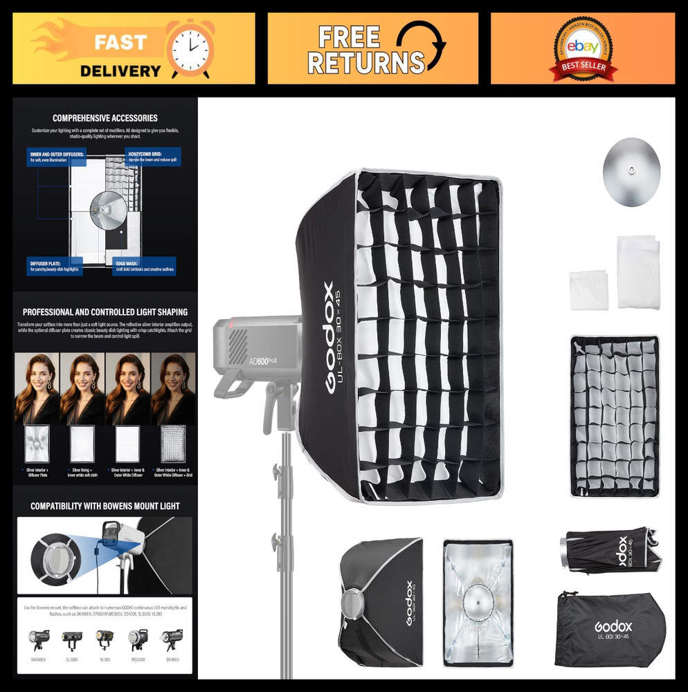 Compact 30x45cm Softbox with Grid Diffuser for Photography Lighting, Bowens Moun