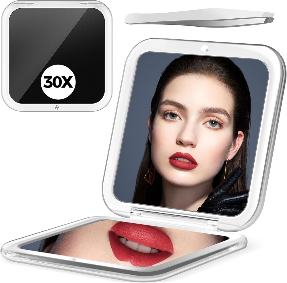 Compact Mirror, 30X Magnifying 3.2"L x 3.2"W, Pearlescent Black
