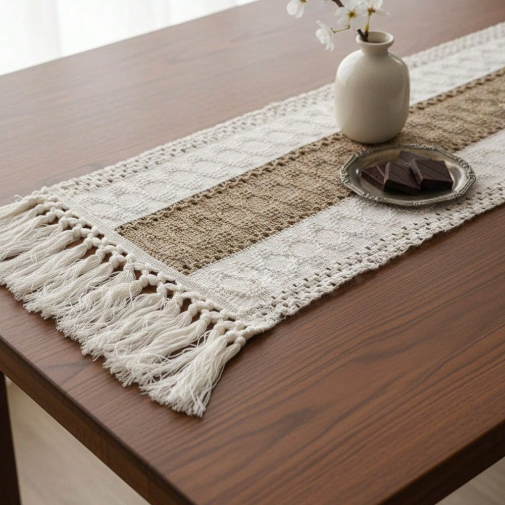 Boho Table Runner With Tassels Cream & Brown Macrame Woven Table Runner Mat