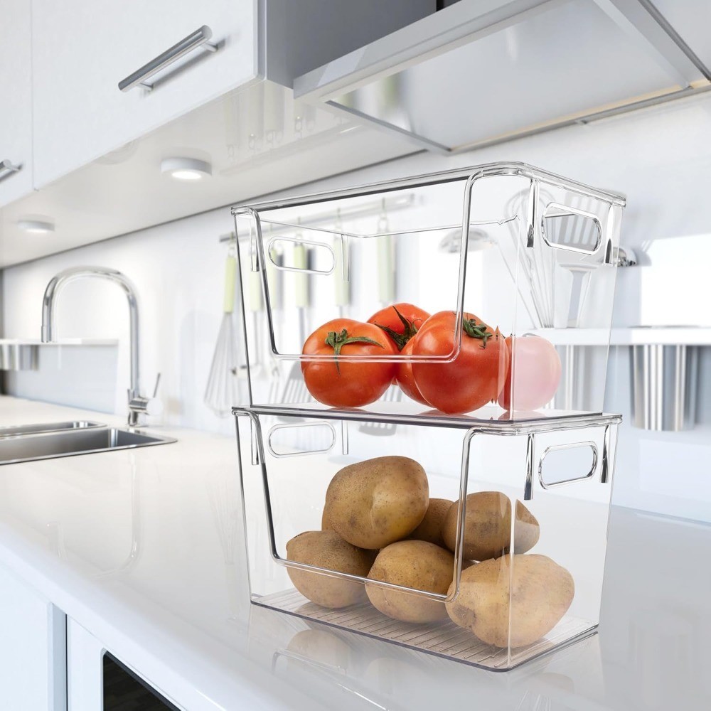 Large Stackable Storage Bins with Lids 2 Pack, Open Front Plastic Container