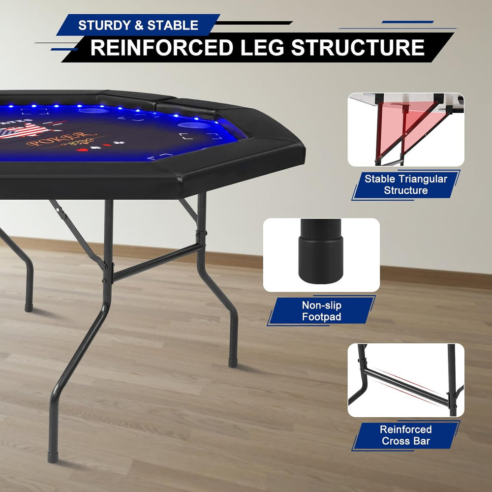 LED Foldable Poker Table for 8 - Octagon Texas Holdem with Cup Holders