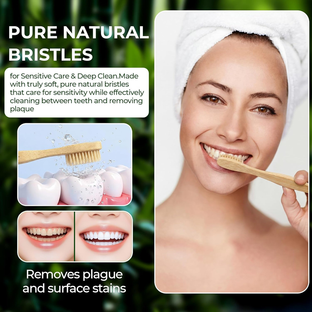 Boar Bristle Bamboo Toothbrushes 4-Pack, 100% Biodegradable Plastic Nylon Free,
