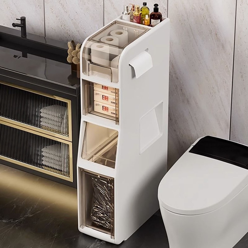 4 Tier White Rectangular Storage Cabinet With Drawers Bathroom Floor Cabinet