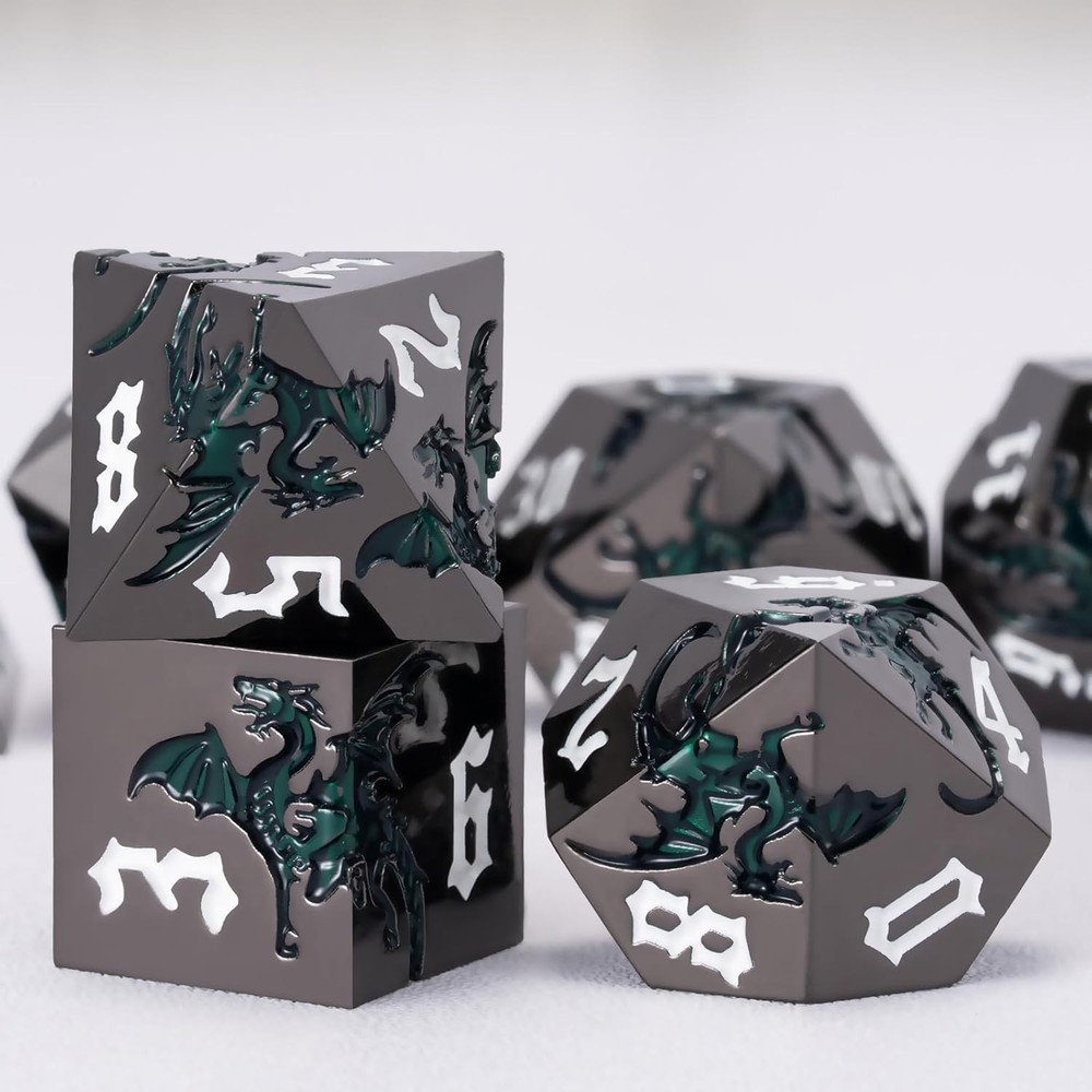 Collectible Sharp Edge Dragon Dice Set - 7 High-Quality DND Metal Dice with Case