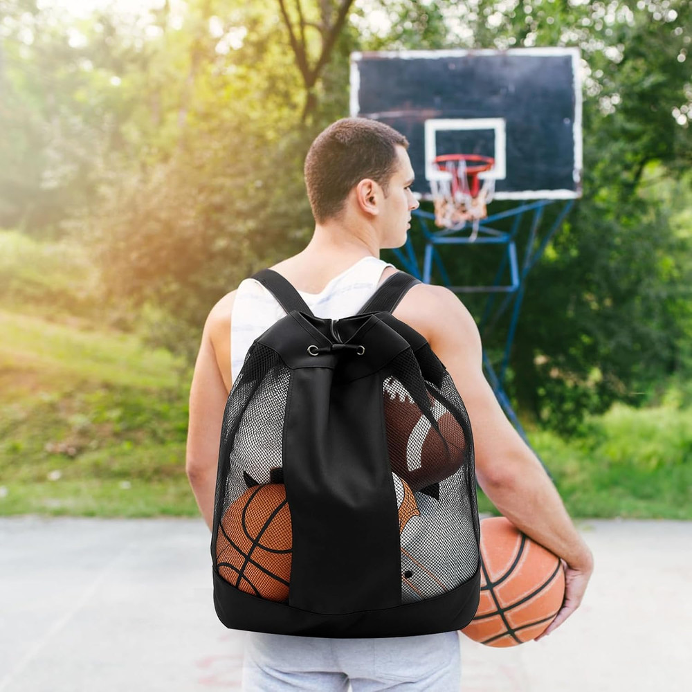 Large Ball Bag, Mesh Sport Bag with Adjustable Double Strap, Drawstring, Heavy-D