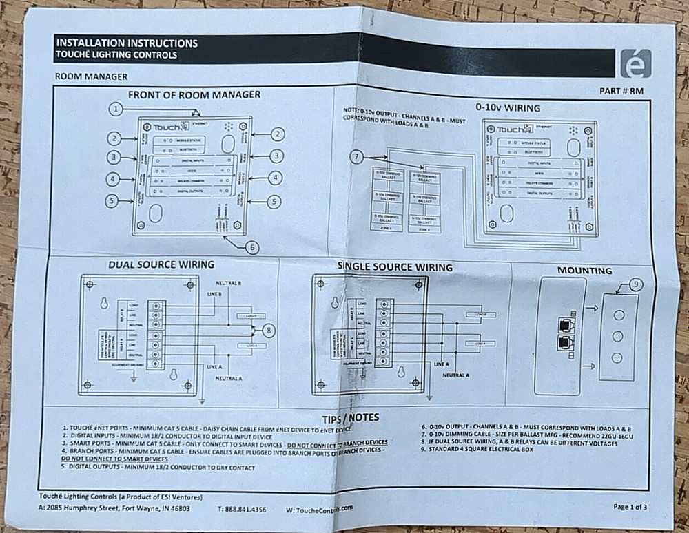 Touché Lighting Controls RM Room Manager Used