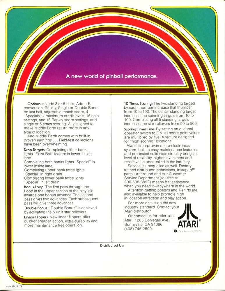 Middle Earth Atari Pinball Flyer / Brochure / Ad / Excellent - Foldout