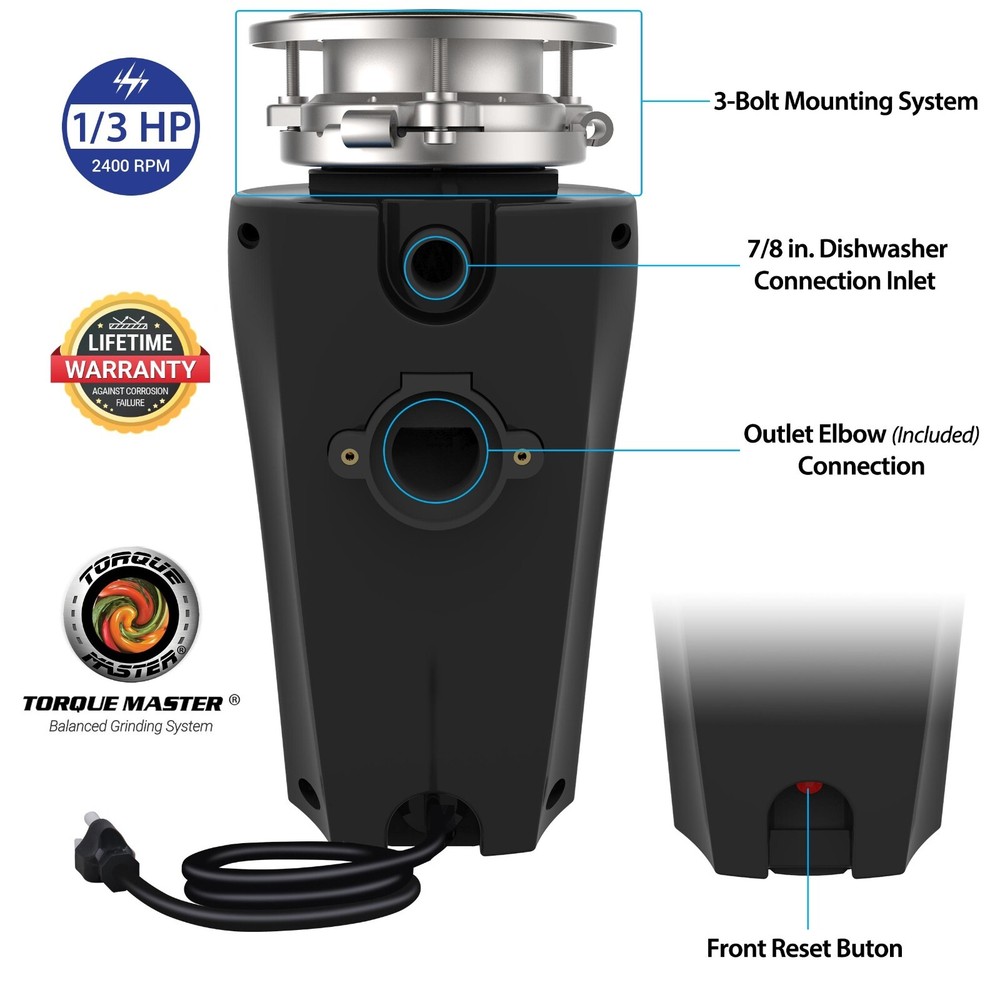 Eco Logic 1/3 HP Continuous Feed Garbage Disposal w/ Cord, Stopper, Splash Guard