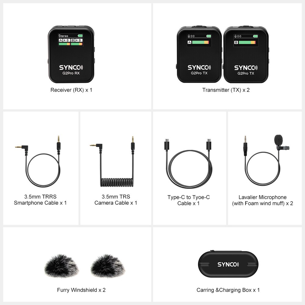 SYNCO G2(A2) Pro 2.4G Dual Wireless Lavalier Microphone Charging Case for Camera