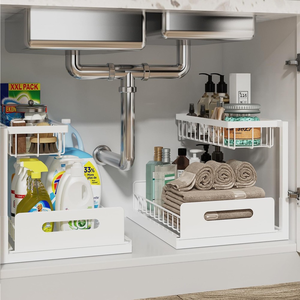 REALINN Under Sink Organizer, Pull Out Cabinet Organizer 2 Tier 2 Pack, White