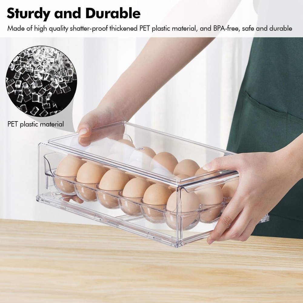 Egg Container for Refrigerator, Stackable Egg Holder, Drawer Type Egg Organiz...