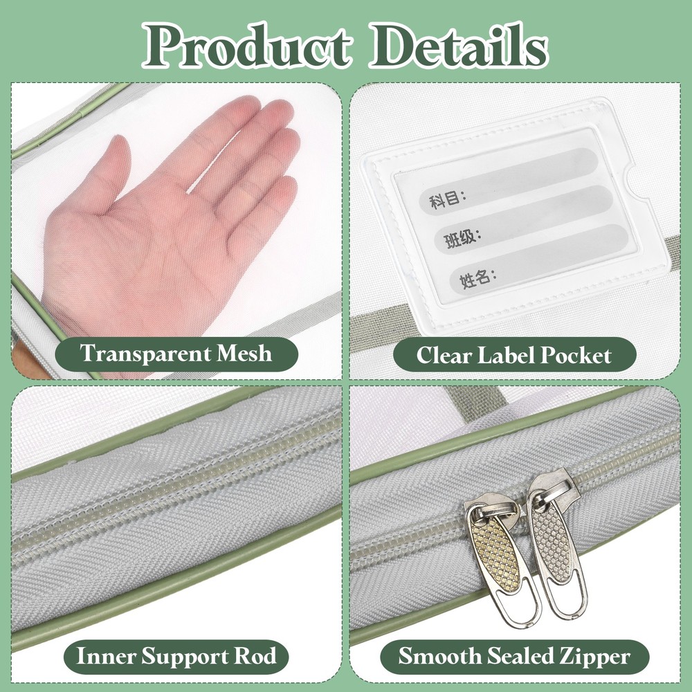 Mesh Zipper Pouch, A4 Mesh File Bag with Handle and Rod, Green