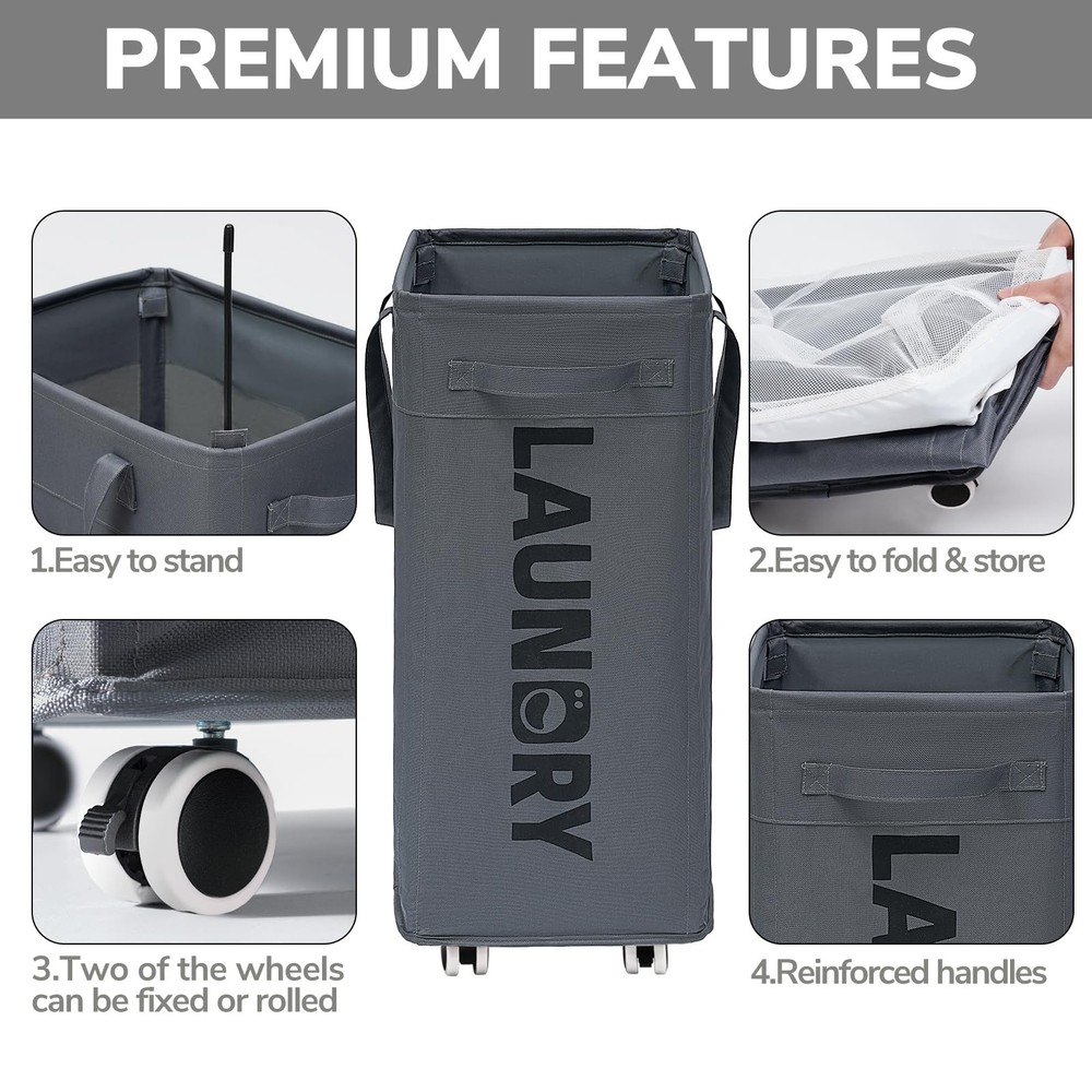 Goodpick Laundry Basket with Wheels, Hamper 75L, Grey 1-Pack