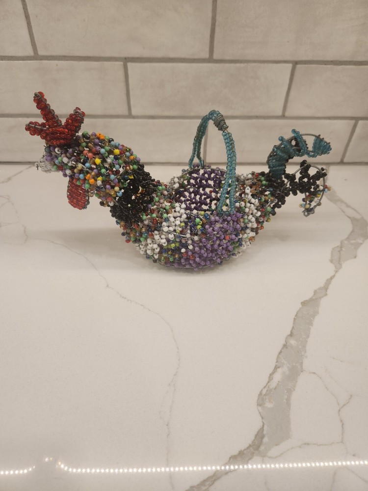 Multicolored Wire Hand Beaded Rooster Basket With Beaded Handle Maker Unknown