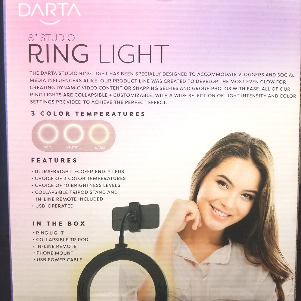 Studio 8 inch LED Ring Light Tri-Pod stand 3color Temp Inline remote phone mount
