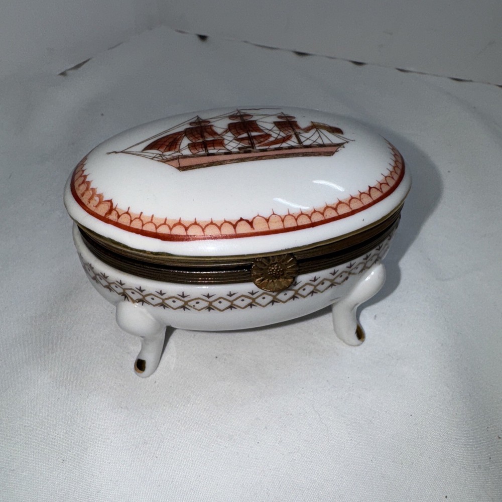 Isco Footed Lidded Hand Painted Porcelain Trinket Box Brass