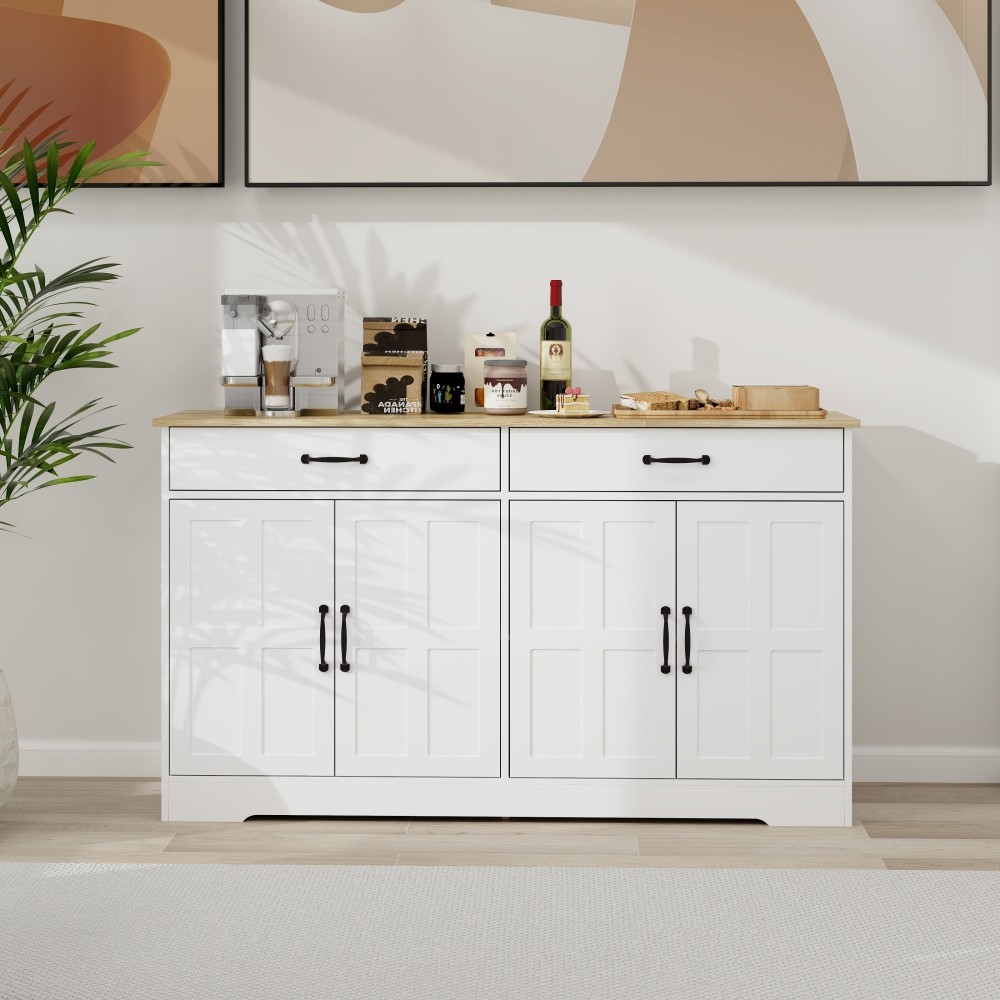 For Dining White 55.91" Buffet Cabinet - 2 Drawers, 4 Doors, Storage Sideboard