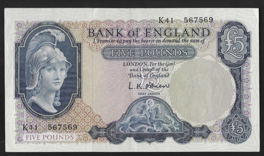 B280 O'BRIEN 1961 FIVE POUND £5 BANKNOTE - K41 567569 - GVF