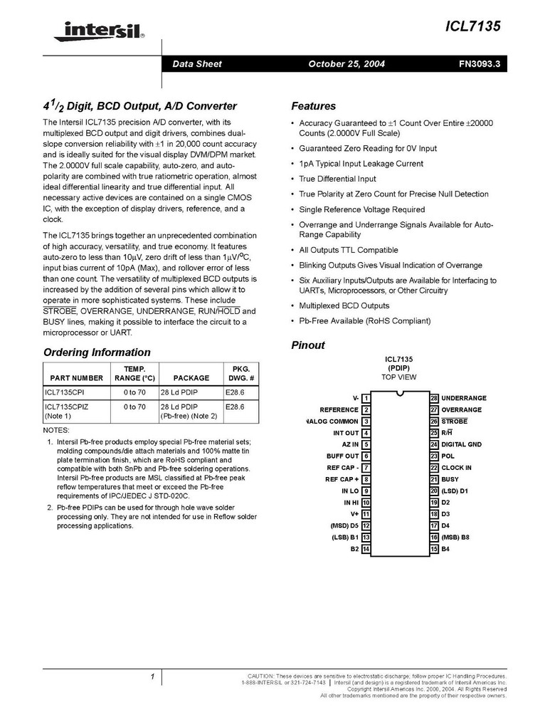 Intersil ICL7135CPI, 4-1/2 Digit, BCD Output, A/D Converter (2 Pcs)