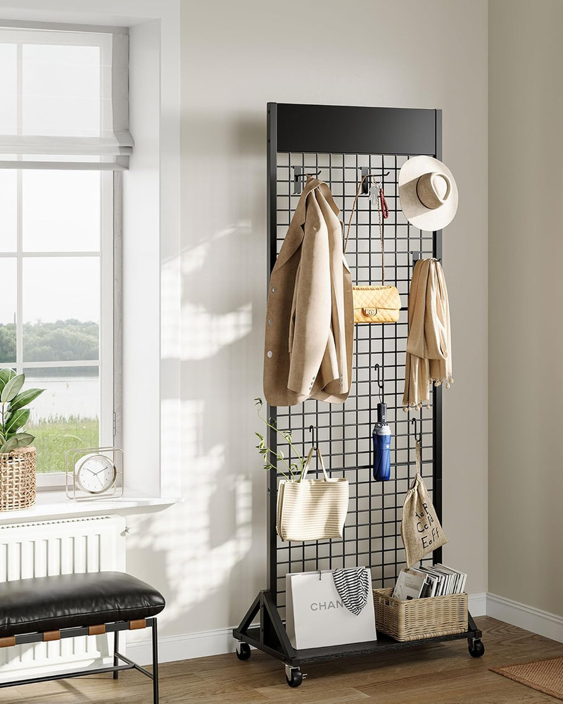 Floor Standing Grid Wall Display Rack with Hooks - Black 2' x 5.7