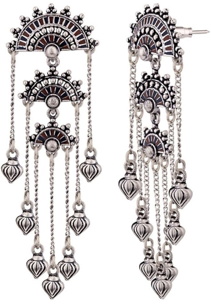 Indian Ethnic Dangle Earrings Silver Tone Handmade Push Back