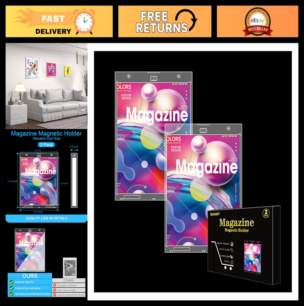 2-Pack Magnetic Magazine Holders - UV Protection Display Frames, Wall Mountable,