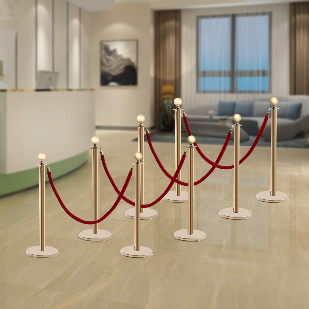 8 PCS Crowd Control Stanchion Gold Posts Set with Red Velvet Rope Queue Barrier~