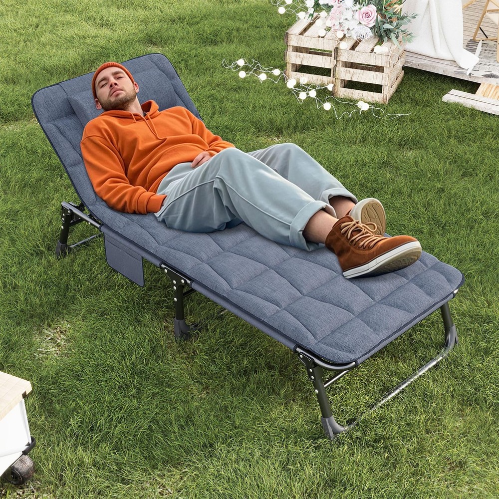 Folding Camping Cot with Padded Mattress and Pillow, Adjustable Reclining Bed
